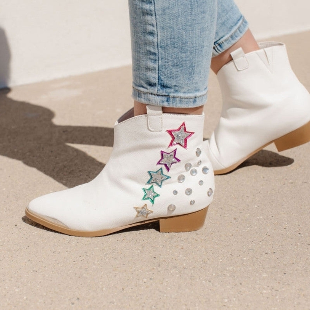 Yosi Samra White Ankle Boots with Multicolor Star Details